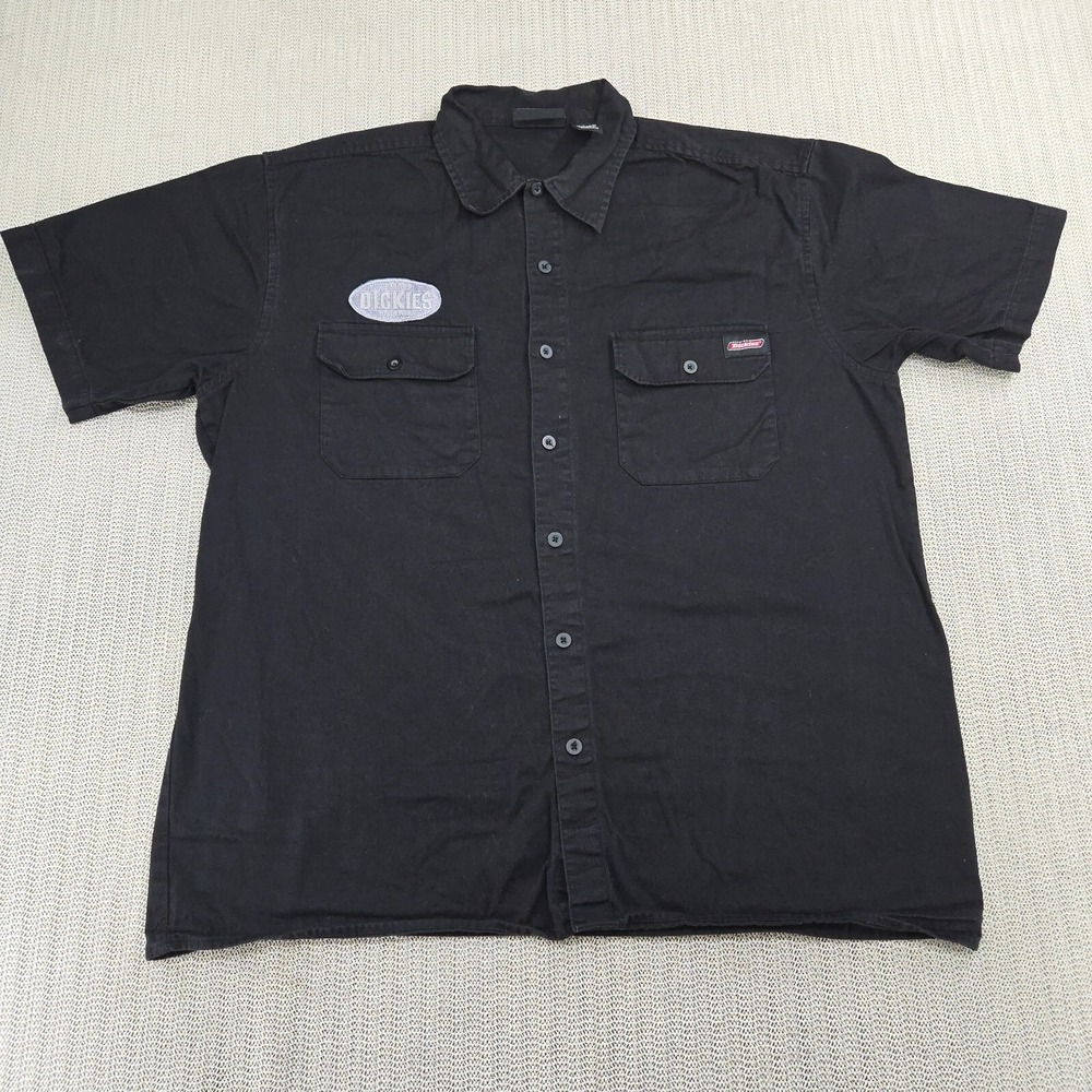 Dickies Garage Shirt Mens Large Black Short Sleeve Button Up Down Workwear Patch